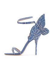 Denim Rhinestone Butterfly Strappy Round Stiletto Heel Sandals With Double Ankle Strap